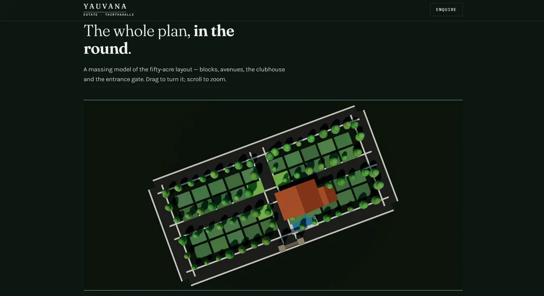Interactive 3D layout model of the estate, turned at an angle: plots, tree-lined avenues and the clubhouse