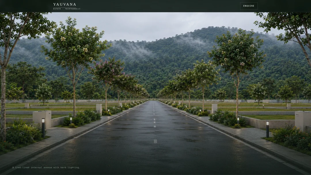 Frame from the Yauvana scroll sequence: a render of a tree-lined avenue with kerb lighting