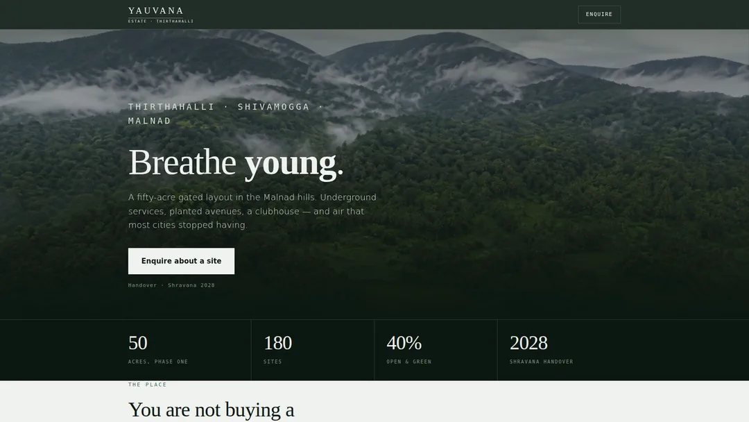 Yauvana Estate website homepage on a computer: the headline “Breathe young.” over misty, forested hills